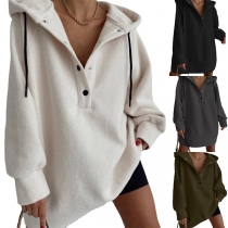 Fashion Solid Color Buttoned V-neck Long Sleeve Plush Loose Hooded Sweatshirt
