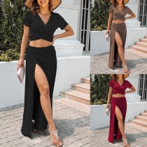 Sexy Solid Color Two-piece Set Consist of Crop Top and Slit Skirt