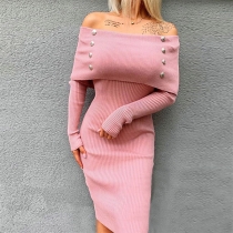 Sexy Off-the-shoulder Double Breasted Long Sleeve Ribbed Bodycon Dress