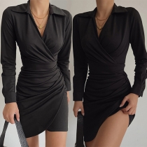 Sexy Stand Collar V-neck Long Sleeve Irregular Hemline Black Bodycon Dress
