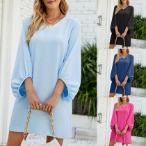 Casual Solid Color V-neck 3/4-Sleeve Loose Mini Dress