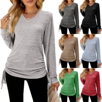 Casual Solid Color V-neck Long Sleeve Side Drawstring Shirt