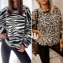 Street Fashion Zebra Printed/Leopard Printed Round Neck Long Sleeve Shirt