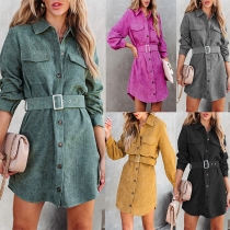 Street Fashion Stand Collar Patch Pockets Long Sleeve Buttoned Self-tie Corduroy Shirt Dress