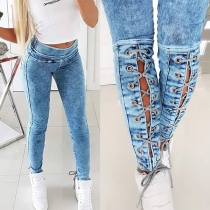 Street Fashion Old-washed Lace-up Skinny Denim Jeans