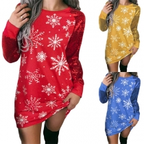 Fashion Snowflake Printed Bling Bling Long Sleeve Round Neck Dress