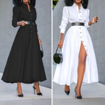 Fashion Stand Collar Long Sleeve Buttoned Shirt Dress (without Belt)