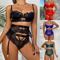 Sexy Cutout Push-up Three-piece Lace Lingerie Set