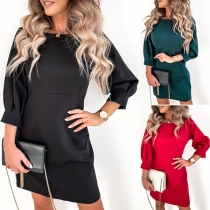 Casual Solid Color Round Neck Elbow Sleeve Bowknot Backless Mini Dress