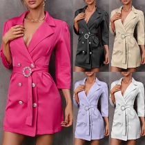 Elegant Solid Color Notch Lapel Elbow Sleeve Double Breasted Self-tie Suit Dress