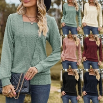 Casual Solid Color Square Neck Long Sleeve Shirt