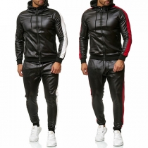 Street Fashion Contrast Color Artificial Leather PU Two-piece Set Consist of Zipper Jacket and Pants for Men