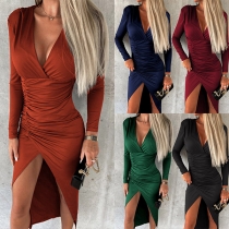 Fashion Solid Color Plunge V-neck Long Sleeve Irregular Hemline Ruched Bodycon Dress