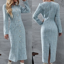 Elegant Checkered Buttoned Round Neck Long Sleeve Slit Midi Dress