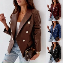 Street Fashion Notch Lapel Double Breasted Long Sleeve Artificial Leather PU Jacket