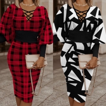 Fashion Contrast Color Checkered Round Neck Long Sleeve Bodycon Dress