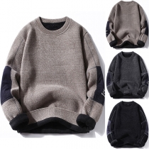 Warm Round Neck Patch Long Sleeve Plush Lined Shirt for Men