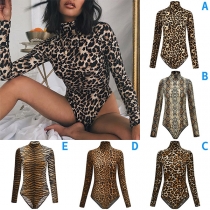 Sexy Mock Neck Long Sleeve Leopard Printed Bodysuit