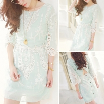 Fashion 3/4 Sleeve High Waist Lace Embroidery Chiffon Dress
