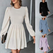 Street Fashion Solid Color Round Neck Long Sleeve Self-tie Backless Mini Dress