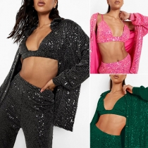 Sexy Bling-bling Sequined Three-piece Set Consist of Brassiere, Zipper Jacket, and Straight Pants