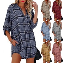 Street Fashion Buttoned V-neck Long Sleeve Checkered Shirt