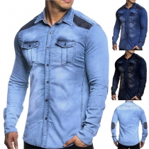 Street Fashion Old-washed Stand Collar Long Sleeve Denim Shirt for Men