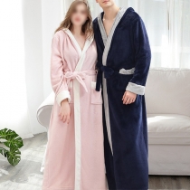 Fashion Contrast Color Long Sleeve Longline Flannel Longuewear Robe