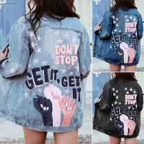 Street Fashion Letter, Star Printed Long Sleeve Stand Collar Denim Jacket