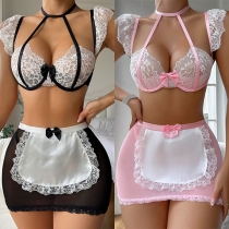 Sexy Lace Spliced Halterneck Two-piece Maid Uniform/Lingerie Set