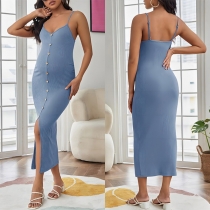 Sexy Solid Color V-neck Buttoned Slit Ribbed Slip Maternity Dress