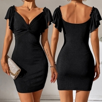 Fashion Solid Color kink-knot V-neck Ruffled Cap Sleeve Bodycon Dress