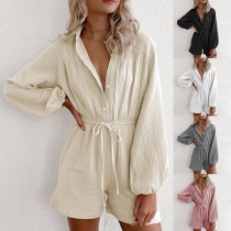 Sexy Deep V-neck Long Sleeve Solid Color  Jumpsuits