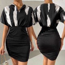 Street Fashion Contrast Color Printed V-neck Batwing Sleeve Bodycon Dress