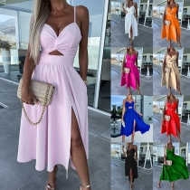 Street Fashion Sexy Solid Color V-neck Front Cutout Slit Slip Dress