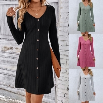 Casual Solid Color Buttoned V-neck Long Sleeve Ribbed Dress
