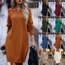 Fashion Solid Color Buttoned Round Neck Long Sleeve Knitted Sweater Dress