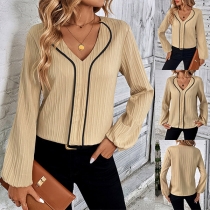 Fashion Contrast Color Stripe V-neck Long Sleeve Shirt