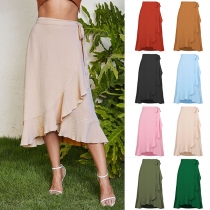 Elegant Solid Color Ruffled Self-tie Skirt