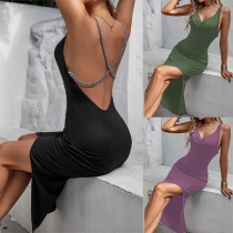 Sexy Ruched V-neck Criss-cross Chain Backless Slit Party Dress