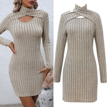 Sexy Front Cutout Mock Neck Long Sleeve Ribbed Bodycon Dress