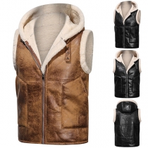 Vintage Warm Plush Lined  Sleeveless Hooded Artificial Leather PU Vest for Men