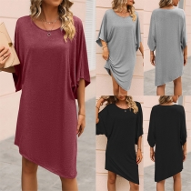 Casual Solid Color Round Neck Elbow Sleeve Irregular Hemline Loose Dress