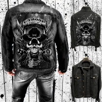 Punk Fashion Old-washed Skull printed Stand Collar Long Sleeve Denim Jacket for Men