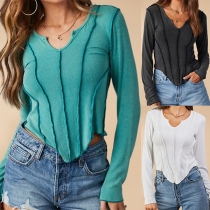 Fashion Solid Color Round Neck Long Sleeve Irregular Hemline Knitted Shirt