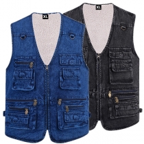 Street Fashion Multi-pockets Zipper Plush Lined Sleeveless Denim Vest for Men