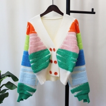 Street Fashion Contrast Color Double-breasted Knitted Cardigan