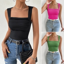 Fashion Solid Color Square Neck Sleeveless Shirt