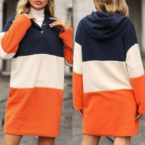 Fashion Contrast Color Plush Hooded Sweatshirt Dress