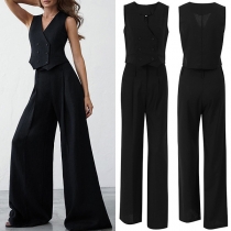 Street Fashion Two-piece Set Consit of Double-breasted Vest and Wide-leg Pants